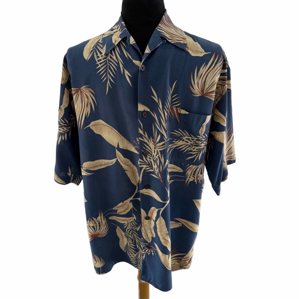 Vintage Silk Hawaiian Shirt Silk Size Large Short Sleeve Blue Beige EUC Mens
